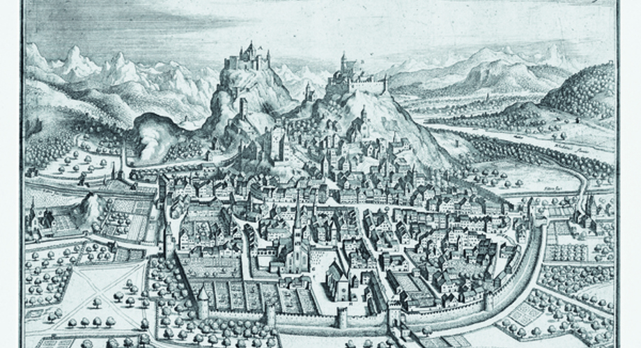 Vue de Sion publiée dès 1641. On y observe encore la ville médiévale enserrée dans son enceinte construite vers 1300