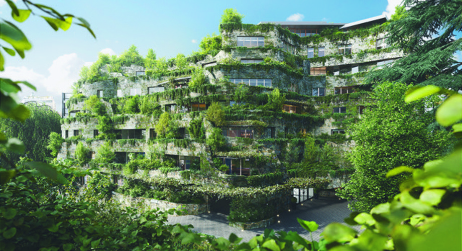 Depuis le chemin du Clos-Belmont, une façade met la végétation en valeur